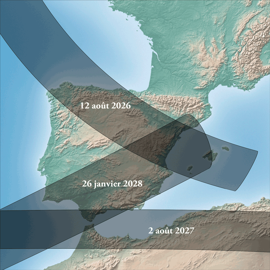 Visibility map of the 3 next solar eclipses