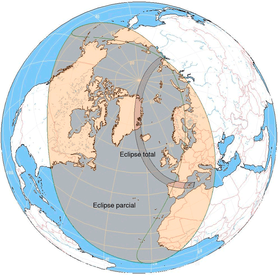 Globe maps of the solar eclipse, August 12, 2026