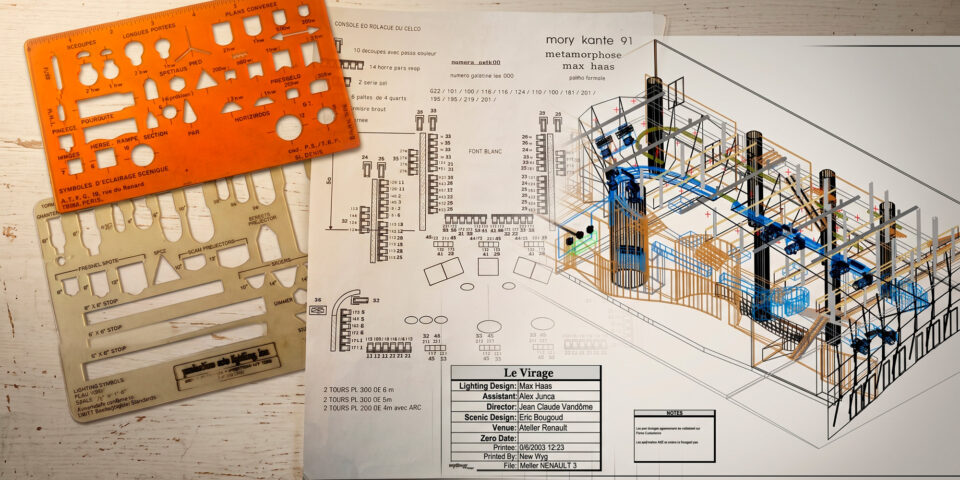 Eclairage du show-business français - Plan Power Draw Mory Kanté, tournée 1991 et Plan Atelier Renault 2002 WYsiwyg, évolution en 20 ans © Max Haas