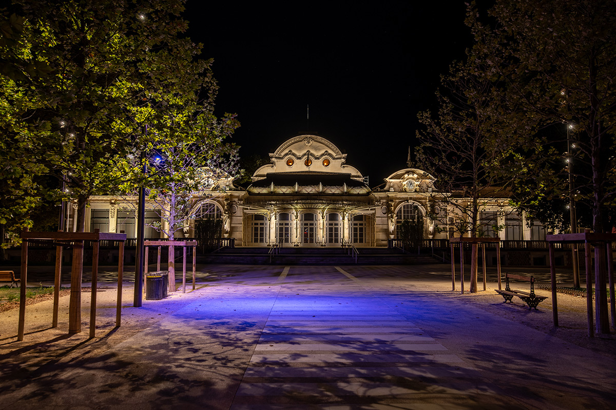 Parc des Sources, palais des congrès et arbres, Vichy - Conception lumière française
